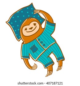 Cartoon doodle vector sloth wearing pijama with pillow.
