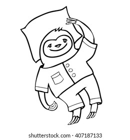 Cartoon doodle vector sloth wearing pijama with pillow.