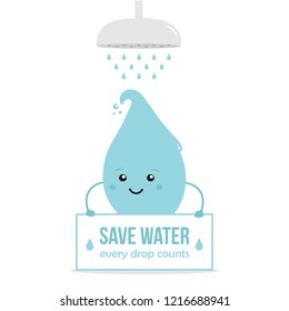 Cartoon doodle water drop character holding card in hands, asking to save water when taking a shower, cleaning yourself.