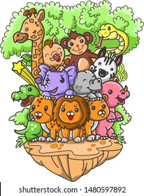 Cartoon doodle wild african animals background with ground.