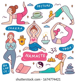 Cartoon Doodle of Woman Doing Yoga in Various Poses