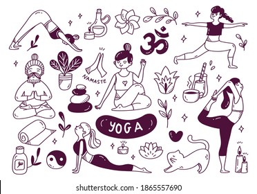 Cartoon Doodle of Woman Doing Yoga in Various Poses