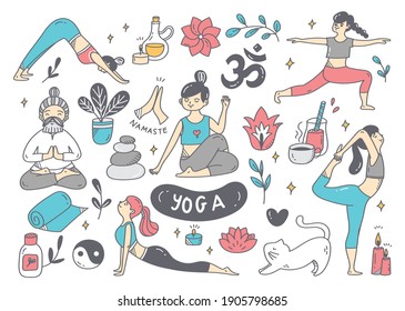 Dibujo de una mujer haciendo yoga en varios vectores de Poses Ilustración