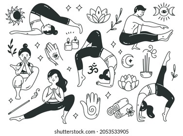 Cartoon Doodle of Woman Doing Yoga in Various Poses