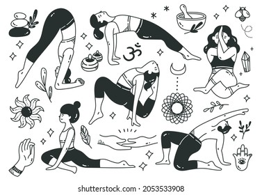 Cartoon Doodle of Woman Doing Yoga in Various Poses