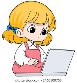 cartoon doodle of work activities, a beautiful blonde girl is using a laptop to work