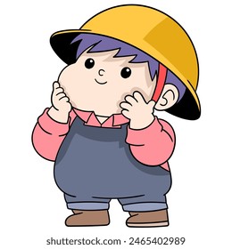 dibujo animado garabato de actividades de trabajo, niño trabajador del proyecto usando un casco de seguridad mientras trabaja
