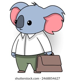 Dibujo animado de las actividades de los trabajadores, empleado de koala caminando llevando el maletín a la oficina