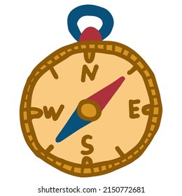 Cartoon doodle of a yellow compass with a blue-green needle. Simple vector color flat icon isolated on transparent background