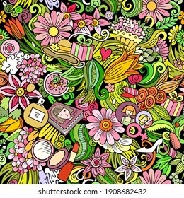 Cartoon doodles 8 March seamless pattern. Backdrop with Happy Womans Day symbols and items. Colorful detailed background for print on fabric, textile, greeting cards, wrapping paper. 