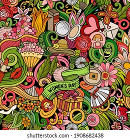 Cartoon doodles 8 March seamless pattern. Backdrop with Happy Womans Day symbols and items. Colorful detailed background for print on fabric, textile, greeting cards, wrapping paper. 
