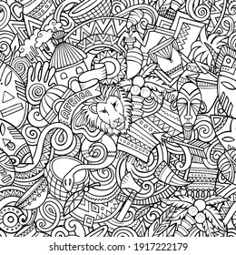 Cartoon doodles Africa seamless pattern. Backdrop with african culture symbols and items. Sketchy detailed, with lots of objects background for print on fabric, textile, greeting cards, phone cases