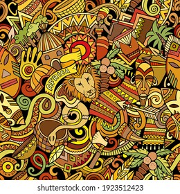 Cartoon doodles Africa seamless pattern. Backdrop with african culture symbols and items. Colorful detailed, with lots of objects background for print on fabric, textile, greeting cards, phone cases