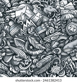 Cartoon Doodles Alaska nahtloses Muster. Hintergrund mit USA State Symbolen und Gegenständen. Grafikhintergrund für Stoff, Grußkarten, Bildschirmhintergrund