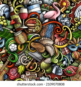Cartoon doodles Argentina seamless pattern. Backdrop with Argentinian culture symbols and items. Colorful background for print on fabric, textile, greeting cards, scarves, wallpaper
