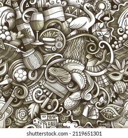Cartoon doodles Argentina seamless pattern. Backdrop with Argentinian culture symbols and items. Monochrome background for print on fabric, textile, greeting cards, scarves, wallpaper