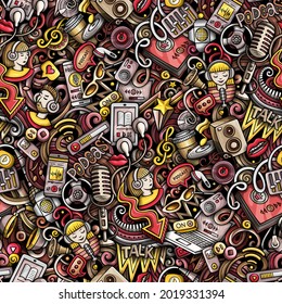 Cartoon doodles Audio content seamless pattern. Backdrop with podcasts and audiobooks symbols and items. Colorful background for print on fabric, textile, phone cases, wrapping paper.