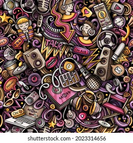 Cartoon doodles Audio content seamless pattern. Backdrop with podcasts and audiobooks symbols and items. Colorful background for print on fabric, textile, phone cases, wrapping paper.