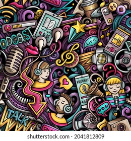 Cartoon doodles Audio content seamless pattern. Backdrop with podcasts and audiobooks symbols and items. Colorful background for print on fabric, textile, phone cases, wrapping paper.