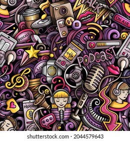Cartoon doodles Audio content seamless pattern. Backdrop with podcasts and audiobooks symbols and items. Colorful background for print on fabric, textile, phone cases, wrapping paper.