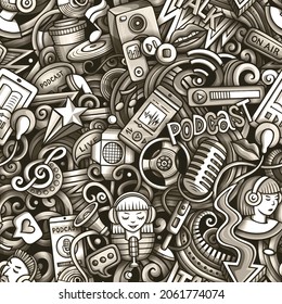 Cartoon doodles Audio content seamless pattern. Backdrop with podcasts and audiobooks symbols and items. Graphics background for print on fabric, textile, phone cases, wrapping paper.