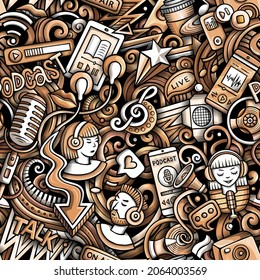 Cartoon doodles Audio content seamless pattern. Backdrop with podcasts and audiobooks symbols and items. Graphics background for print on fabric, textile, phone cases, wrapping paper.