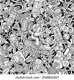 Cartoon doodles Audio content seamless pattern. Backdrop with podcasts and audiobooks symbols and items. Sketchy background for print on fabric, textile, phone cases, wrapping paper.