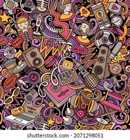 Cartoon doodles Audio content seamless pattern. Backdrop with podcasts and audiobooks symbols and items. Colorful background for print on fabric, textile, phone cases, wrapping paper.