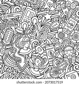 Cartoon doodles Audio content seamless pattern. Backdrop with podcasts and audiobooks symbols and items. Sketchy background for print on fabric, textile, phone cases, wrapping paper.