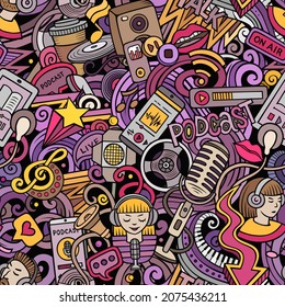 Cartoon doodles Audio content seamless pattern. Backdrop with podcasts and audiobooks symbols and items. Colorful background for print on fabric, textile, phone cases, wrapping paper.