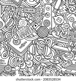 Cartoon doodles Audio content seamless pattern. Backdrop with podcasts and audiobooks symbols and items. Sketchy background for print on fabric, textile, phone cases, wrapping paper.