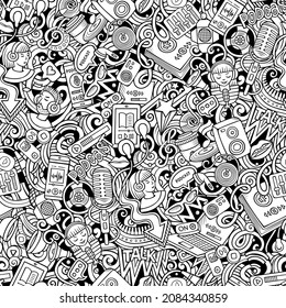 Cartoon doodles Audio content seamless pattern. Backdrop with podcasts and audiobooks symbols and items. Line art background for print on fabric, textile, phone cases, wrapping paper.