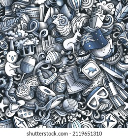 Cartoon doodles Australia seamless pattern. Backdrop with Australian culture symbols and items. Monochrome background for print on fabric, textile, greeting cards, scarves, wallpaper