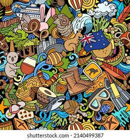 Cartoon doodles Australia seamless pattern. Backdrop with Australian culture symbols and items. Colorful background for print on fabric, textile, greeting cards, scarves, wallpaper