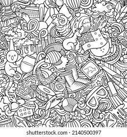Cartoon doodles Australia seamless pattern. Backdrop with Australian culture symbols and items. Sketchy background for print on fabric, textile, greeting cards, scarves, wallpaper