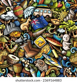 Cartoon doodles Australia seamless pattern. Backdrop with Australian culture symbols and items. Colorful background for print on fabric, textile, greeting cards, scarves, wallpaper