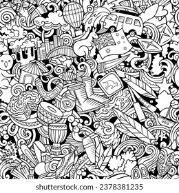 Cartoon doodles Australia seamless pattern. Backdrop with Australian culture symbols and items. Sketchy background