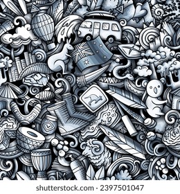 Cartoon doodles Australia seamless pattern. Backdrop with Australian culture symbols and items. Monochrome background for print on fabric, textile, greeting cards, scarves, wallpaper