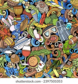 Cartoon doodles Australia seamless pattern. Backdrop with Australian culture symbols and items. Colorful background for print on fabric, textile, greeting cards, scarves, wallpaper