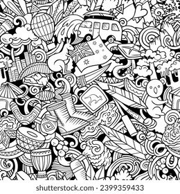 Cartoon doodles Australia seamless pattern. Backdrop with Australian culture symbols and items. Sketchy background