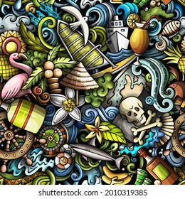 Cartoon doodles Bahamas seamless pattern. Backdrop with Bahamian culture symbols and items. Colorful detailed, with lots of objects background for print on fabric,  scarves, wrapping paper. 