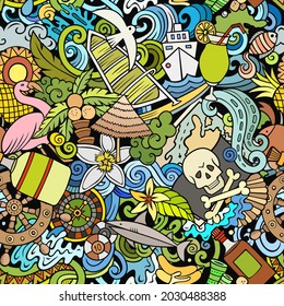 Cartoon doodles Bahamas seamless pattern. Backdrop with Bahamian culture symbols and items. Colorful detailed, with lots of objects background for print on fabric, textile, greeting cards, scarves