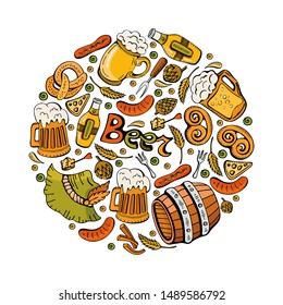 Cartoon doodles Beer fest illustration. Colorful, detailed, with lots of objects background. Bright colors Oktoberfest funny round picture