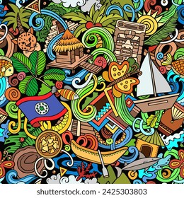 Cartoon doodles Belize seamless pattern. Backdrop with Belizean culture symbols and items. Colorful background for fabric, greeting cards, wallpaper