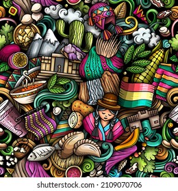 Cartoon doodles Bolivia seamless pattern. Backdrop with Bolivian culture symbols and items. Colorful background for print on fabric, textile, greeting cards, scarves, wallpaper