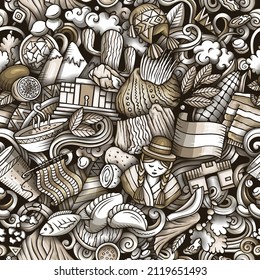 Cartoon doodles Bolivia seamless pattern. Backdrop with Bolivian culture symbols and items. Monochrome background for print on fabric, textile, greeting cards, scarves, wallpaper