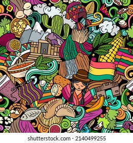 Cartoon Doodles Bolivia Seamless Pattern. Backdrop With Bolivian Culture Symbols And Items. Colorful Background For Print On Fabric, Textile, Greeting Cards, Scarves, Wallpaper