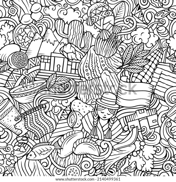 Cartoon doodles\
Bolivia seamless pattern. Backdrop with Bolivian culture symbols\
and items. Sketchy background for print on fabric, textile,\
greeting cards, scarves,\
wallpaper