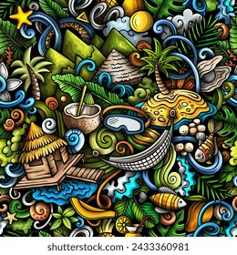Cartoon doodles Bora-Bora island seamless pattern. Backdrop with French Polynesia symbols and items. Colorful background for fabric, greeting cards, wallpaper