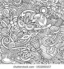 Cartoon doodles Brazil seamless pattern. Backdrop with Brazilian culture symbols and items. Sketchy detailed background for print on fabric, textile, greeting cards, phone cases, scarves